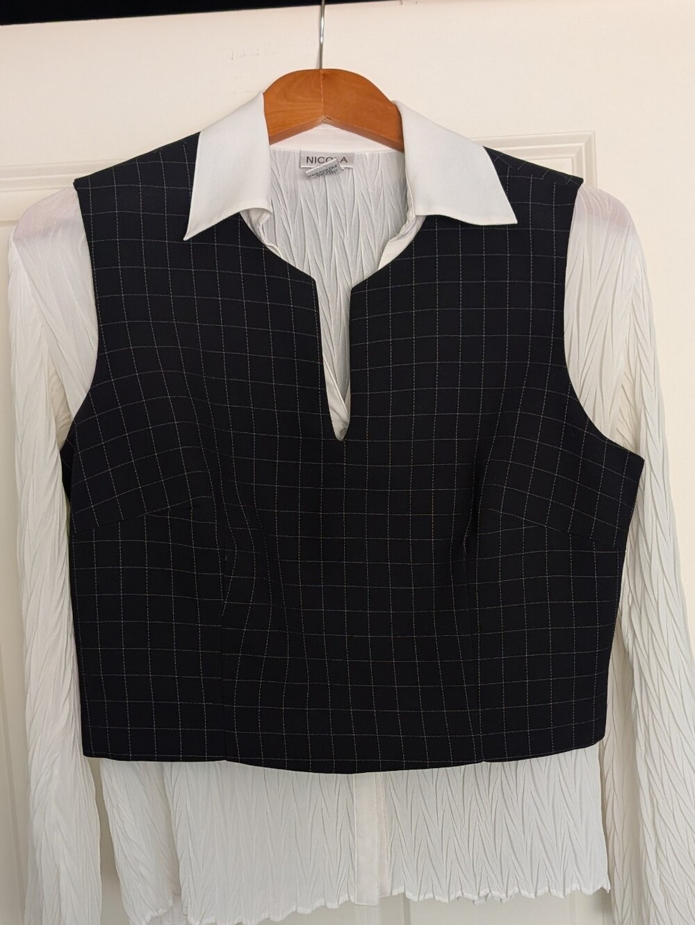 1990's Laundry By Shelli Segal Black Windowpane Pattern Vest, Size 14